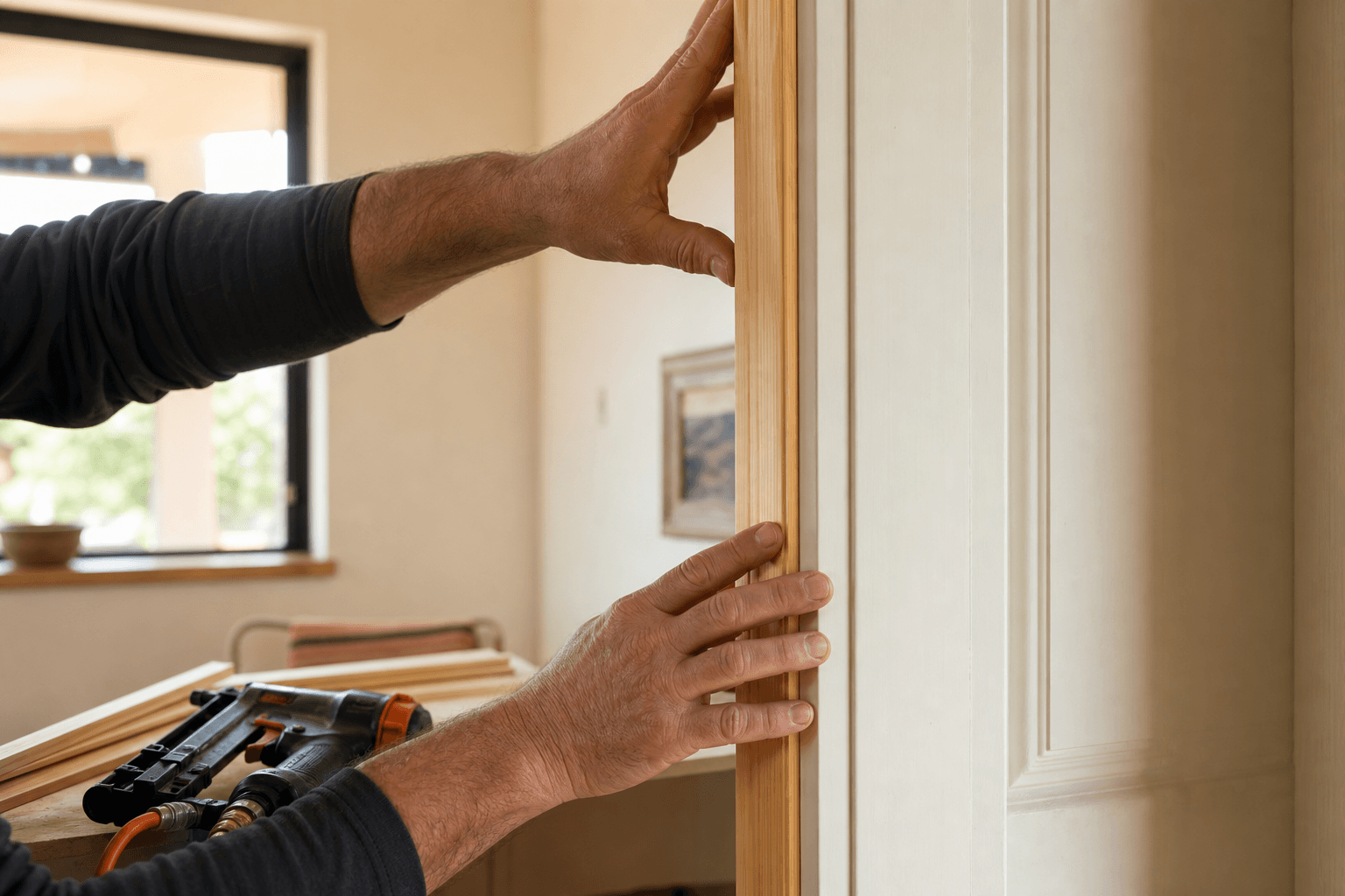 Home repair professional fitting new wood trim at an interior doorway