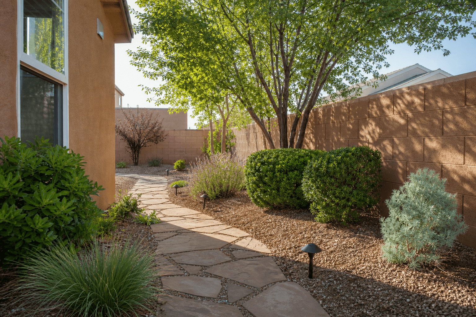 Maintained New Mexico yard with trimmed shrubs, native plants, and a clean stone path